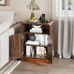 Nightstand with Charging Station and LED Lights, Night Stands with Adjustable Storage Cabinet, Modern Side Table with Fluted Doors and Open Storage, Bedside Table for Bedroom, Walnut