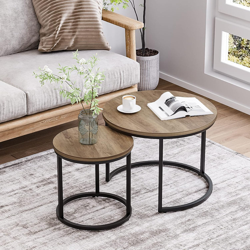Smuxee Nesting Coffee Table Set of 2, 23.6" Round Coffee Table Wood Grai...