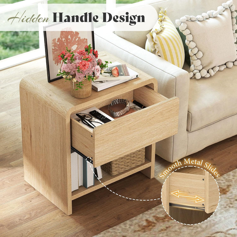 MERLIFE Modern Night Stand Set 2 with Storage Drawer & Open Shelves, Oak ...