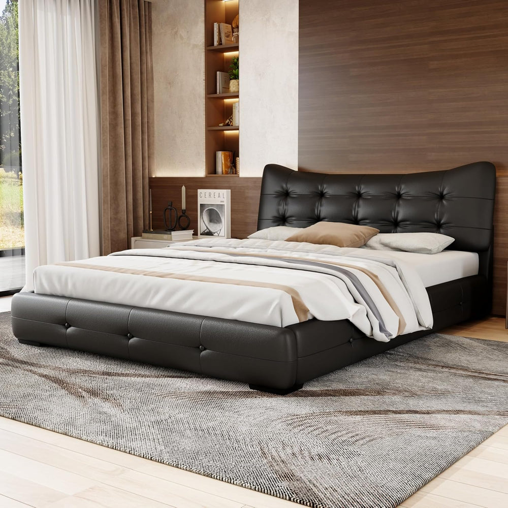 Queen Size Pu Leather Bed Frame/Button Tufted Wingback Headboard/Upholstered ...