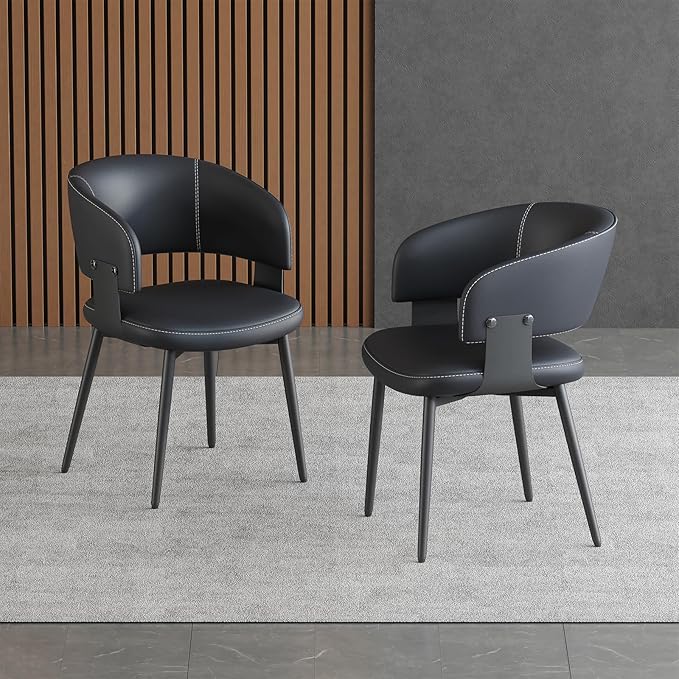 Modern Dining Chairs Set of 2, Faux Leather Upholstered Kitchen Chairs with Curved Back and Metal Legs, Mid Century Chairs for Dining Room, Kitchen, or Café (Black)