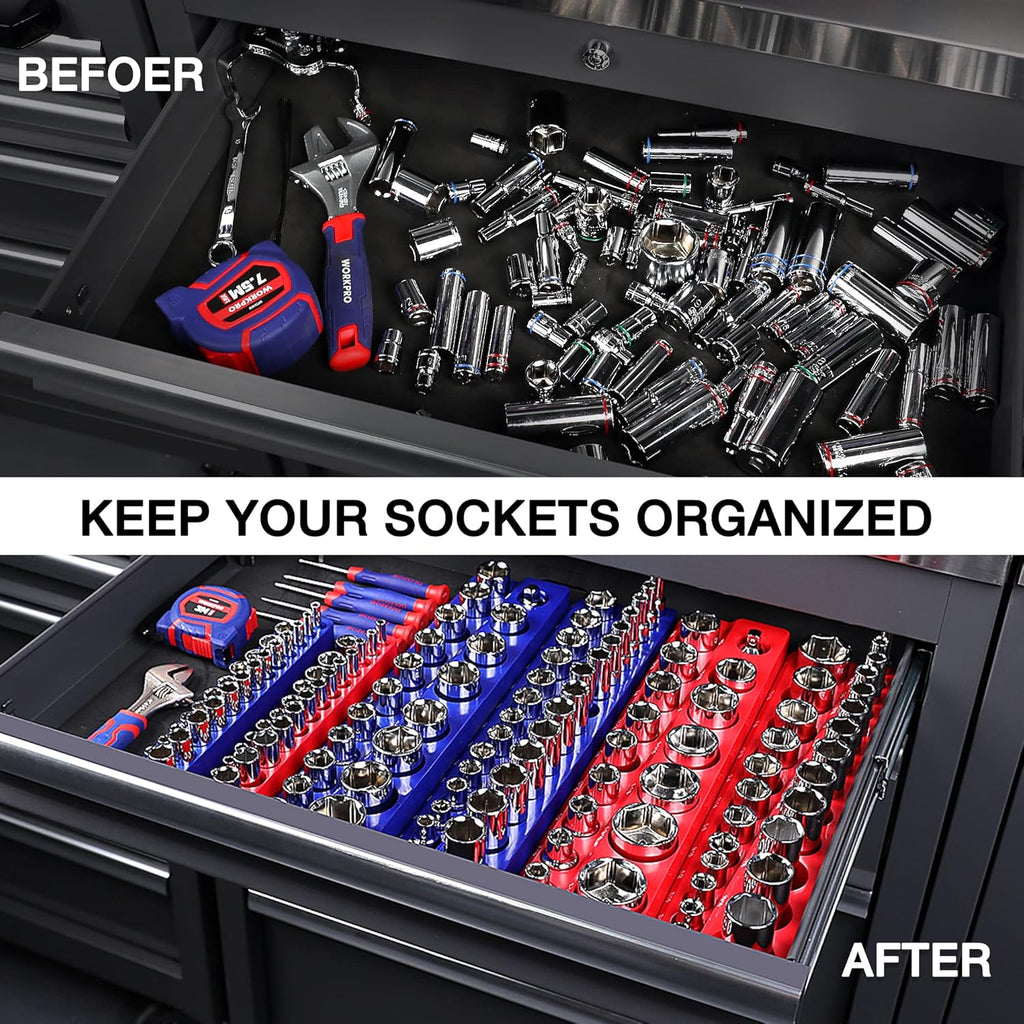 WORKPRO Magnetic Socket Organizer, 1/4-Inch SAE Socket Holder, Socket Trays Holds 26 Pieces Standard Size and Deep Size Sockets(Sockets not Included)