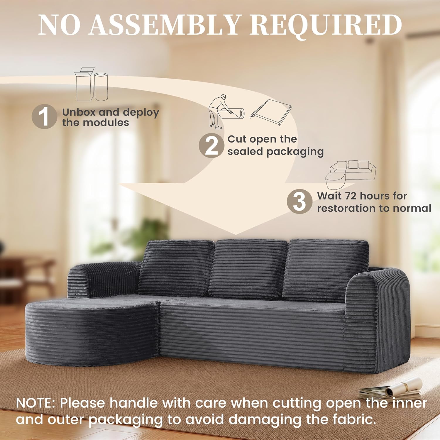 108” Modular Sectional Sofa, Boneless Couches for Living Room, Deep Seat L-Shape Cloud Couch with Chaise, Comfy Sofa Freely Change Configurations No Assembly Required, Soft Plush Corduroy Fabric(Grey)