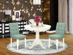 East West Furniture ANAS3-LWH-43 3 Piece Dining Table Set consists A Dinner Table and 2 Willow Green Polyester Fabric Parson Kitchen Chairs with Stylish Back- Linen White Finish