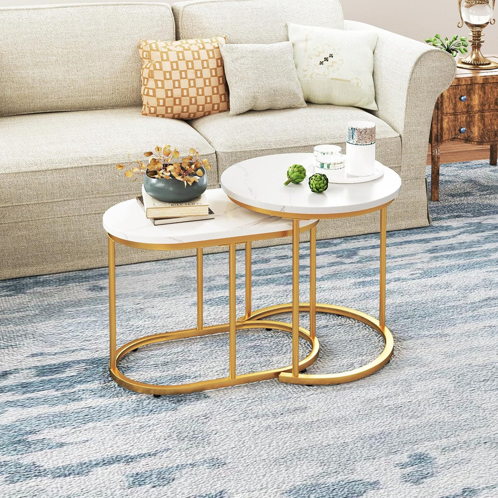 LDAILY Nesting Coffee Table Set with Marble-Look Top, 2-Piece | Golden Steel ...