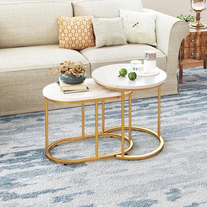 LDAILY Nesting Coffee Table Set with Marble-Look Top, 2-Piece | Golden Steel Frame, Easy Assembly, Accent Stacking Side Table, for Bedroom, Living Room, Apartment