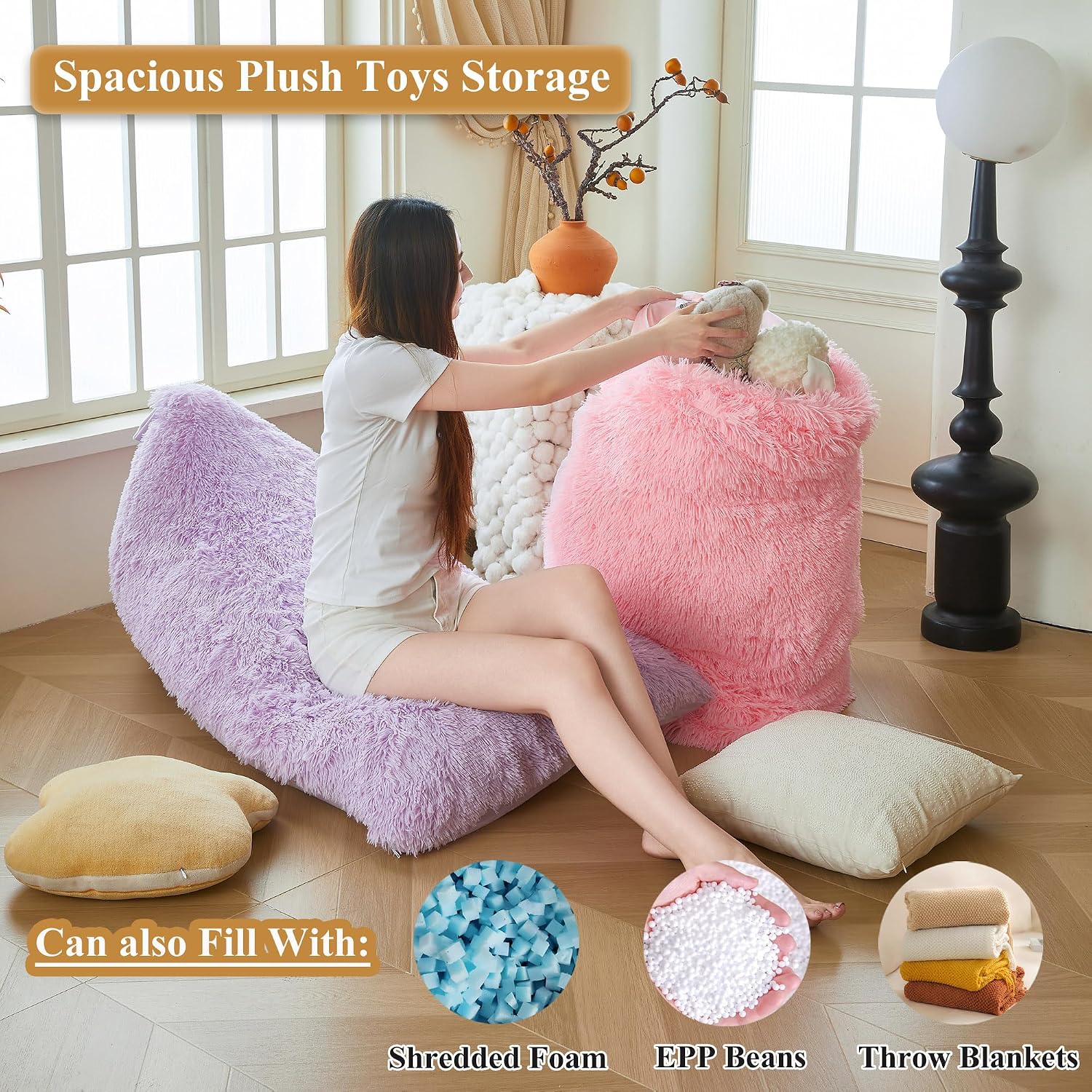 XeGe Fluffy Kids Stuffed Animal Storage Bean Bag Cover (No Filler), Plush Fuzzy Faux Fur Beanbag Organizer with Handle for Teens Girls Adults, Shaggy Furry Plush Toys Holder Floor Lounger Chair, Black