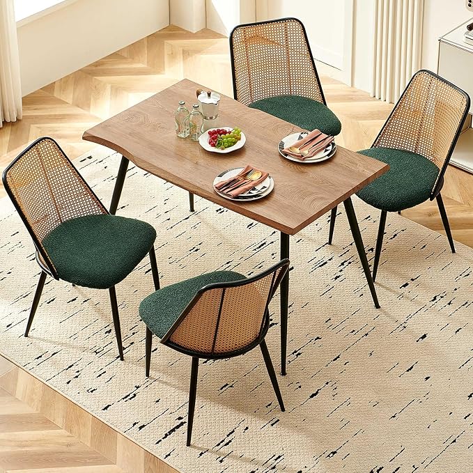Modern Kitchen Dining Table Set for 4, 5 Pieces Wooden Breakfast Dining Table Set with 4 Upholsetered Boucle Dining Chairs Rattan Backrest,Metal Legs for Dining Room,Living Room
