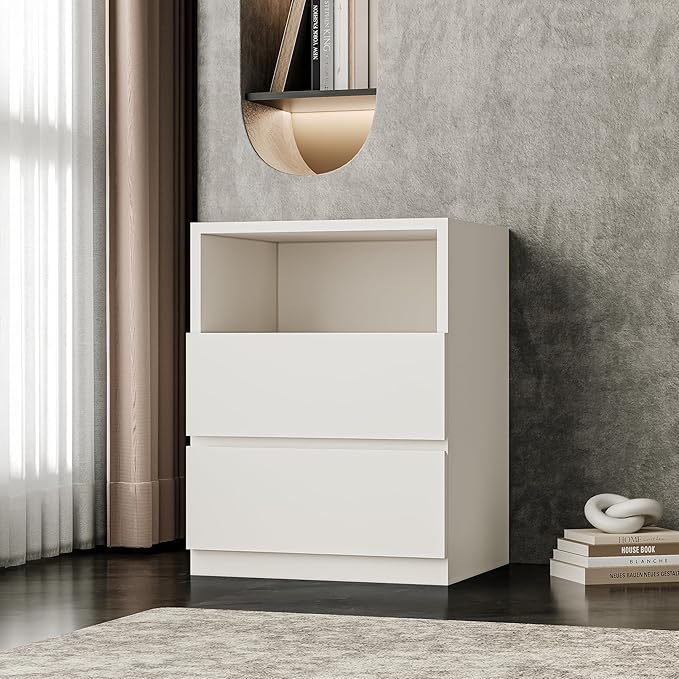 White Modern Entertainment Center Set - Freestanding Storage Drawers Cabinet Floor Nightstands with 2 Drawers for Living Room and Bedroom (C-19'' Nightstand)