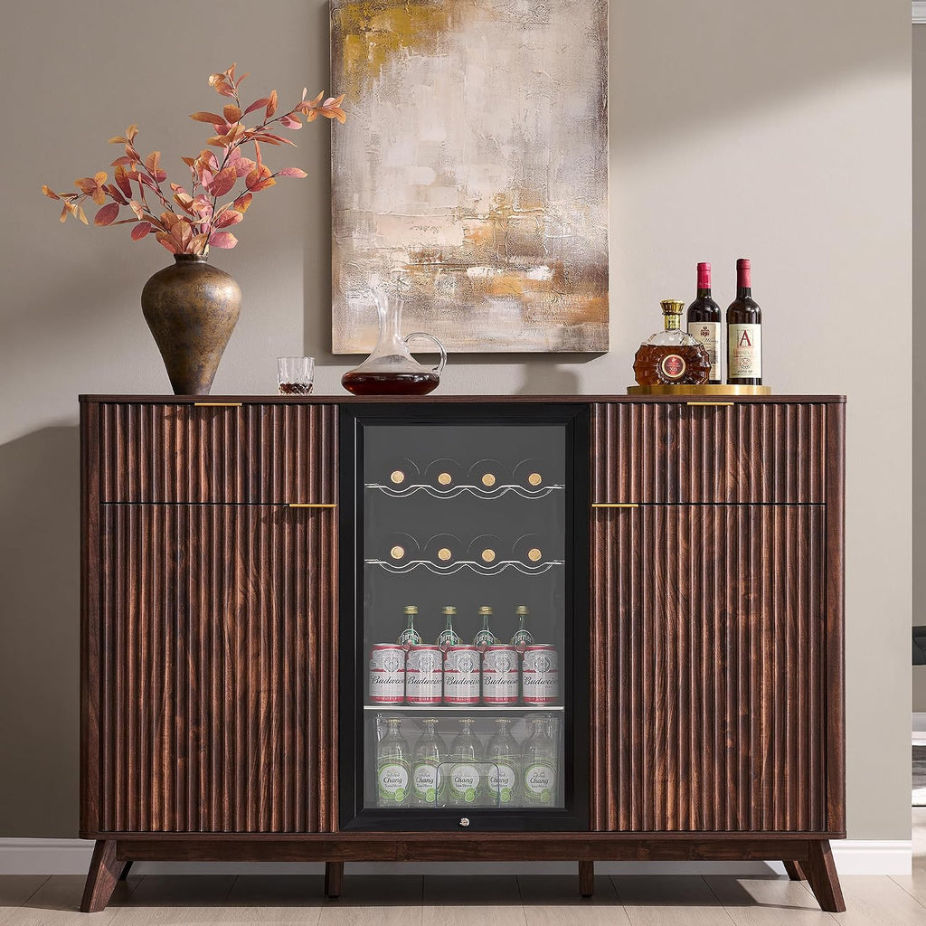 OKD 60" Fluted Coffee Bar Cabinet with Mini Fridge Space, Dark Walnut | Mini Fridge Compatible, Built In Charging Station, 3 Stemware Racks, 2 Drawers, 2 Cabinets, Home Bar Cabinet Storage