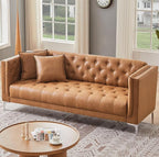 HIFIT 79" W Brown Faux Leather Sofa Couch with 2 Pillows, 3 Seater Couches for Living Room, Handmade Button Tufted Cushions and Metal Legs, Modern Leather Sofa for Apartment, Office