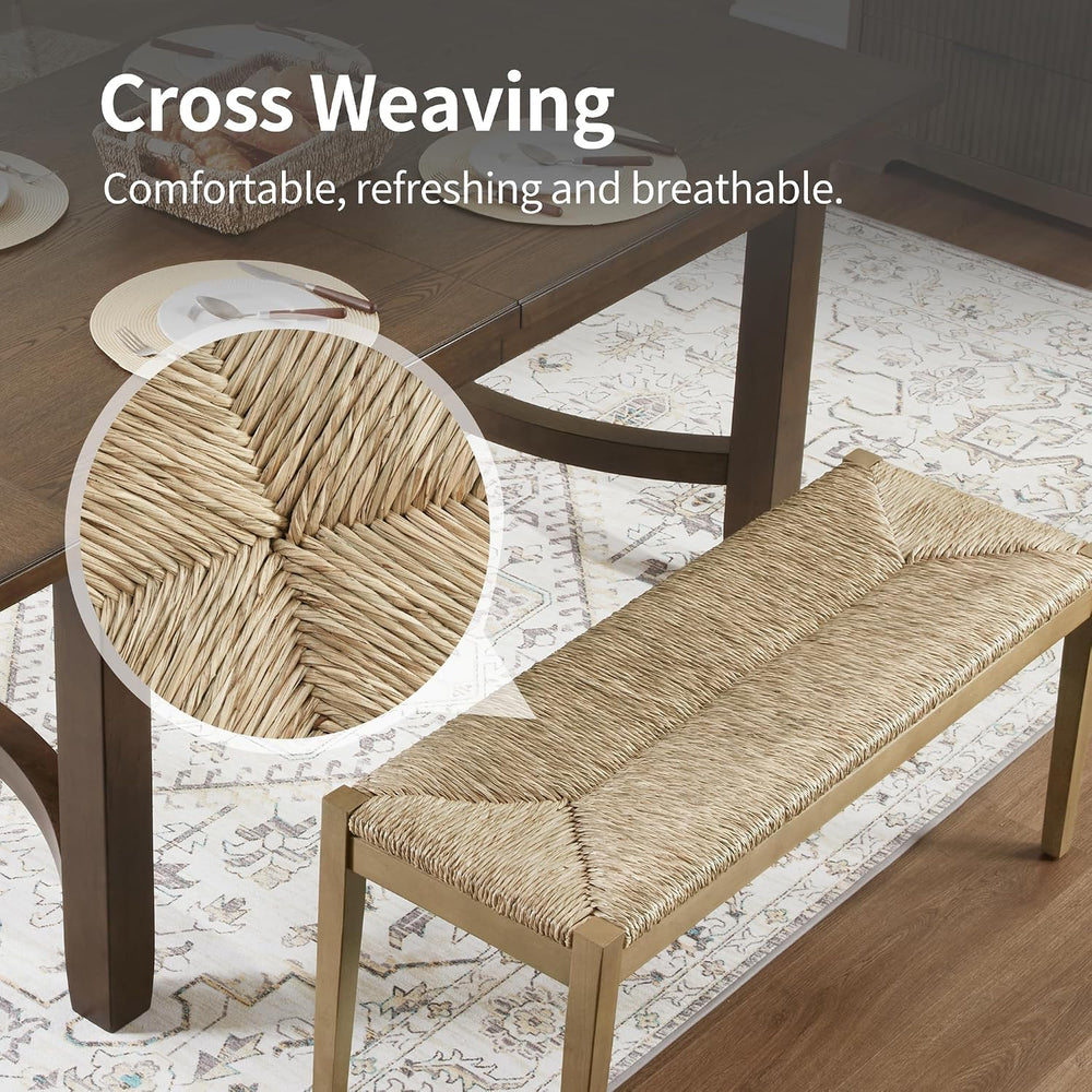DUHOME Solid Wood Seagrass Bench with Natural Woven Seat, Boho Bench Entryway...