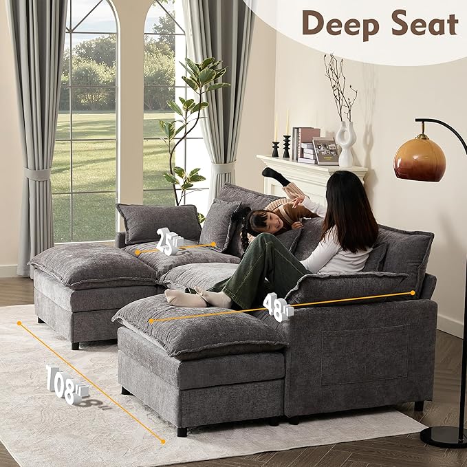 108" U Shaped Couch, Modular Sectional Sofa, 3-Seater Comfy Cloud Couch, Set of Modular Pieces with Movable Ottoman, Deep Seat Couches for Living Room, Chenille, Slate