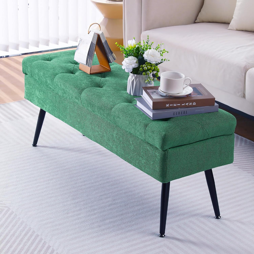 Storage Ottoman Long Upholstered Entryway Bench, 43.5" Fabric Green | La...