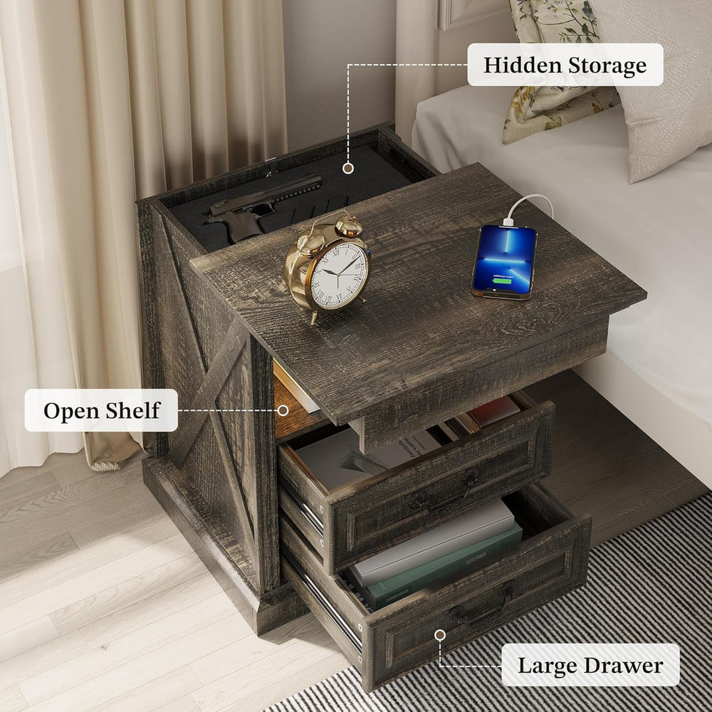 Nightstand Set 2 with Gun Drawer, Farmhouse Night Stand with LED Lights and H...