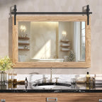 Hasipu Farmhouse Bathroom Mirror, 40"x26" Rustic Wood Framed Wall Mounted Mirror, Brown Vintage Vanity Mirror Barn Door Style Decrative Mirrors