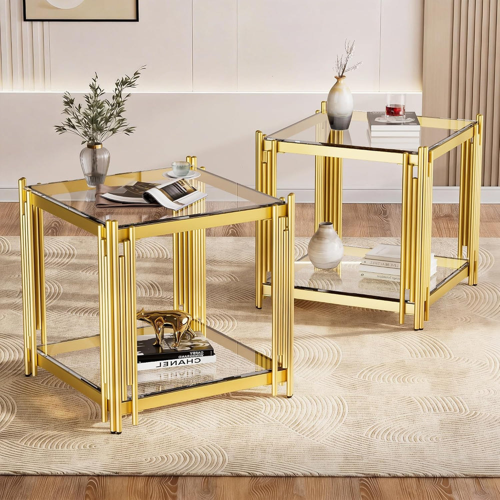 Luxury Gold Square Glass End Table, 19.7" Modern Side Table with Stainle...