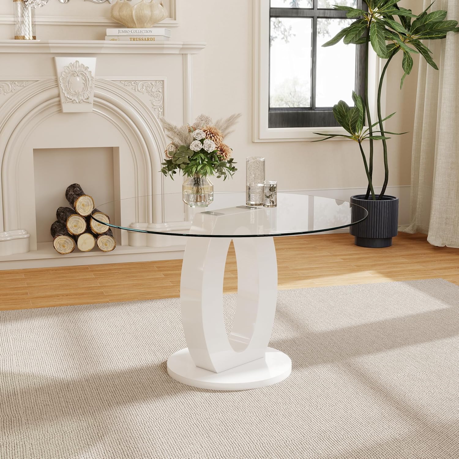 RGZ 39'' Modern Luxury Glass Round Dining Table for 4-6, Clear Circle Glass Top Kitchen Table with White MDF Base, Small Circular Minimalist Apartment Dinner Table for Home, Living Room, Tea