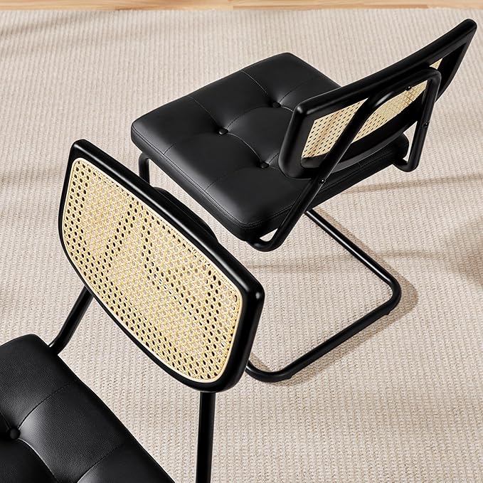 Yaheetech Rattan Dining Chairs Set of 2 Mid Century Modern Dining Room Chairs with Chrome Legs and Rattan Back for Home Kitchen, Faux Leather, Black