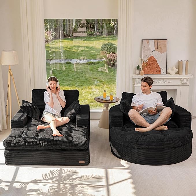 MAXYOYO Modular Sectional Chaise Lounge Sofa, 2 Sets Upholstered Lounge Chair with Ottoman, Comfy Round+ Square Couch with Layered Cushion, Tufted Sleeper Chair for Living Room, No Assembly, Black