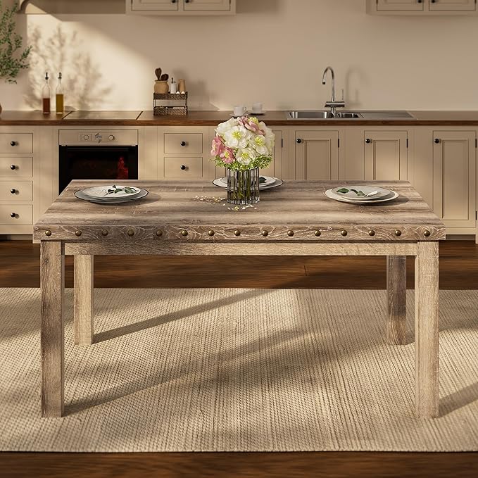 Morden Fort Farmhouse Rectangular Wooden Dining Table, Rustic 60" Kitchen & Dining Room Table with Woodgrain Tabletop, Rivet Accents & Solid Wood Legs