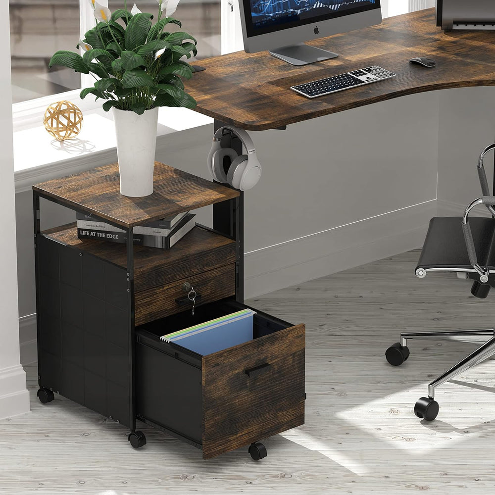 SHW Box File Rolling Mobile Cabinet with Lockable Drawer, Rustic Brown