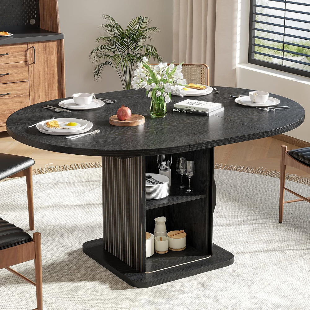 Extendable Black Round Dining Table for 4-6-8, 59 Inch Kitchen Dining Room Ta...