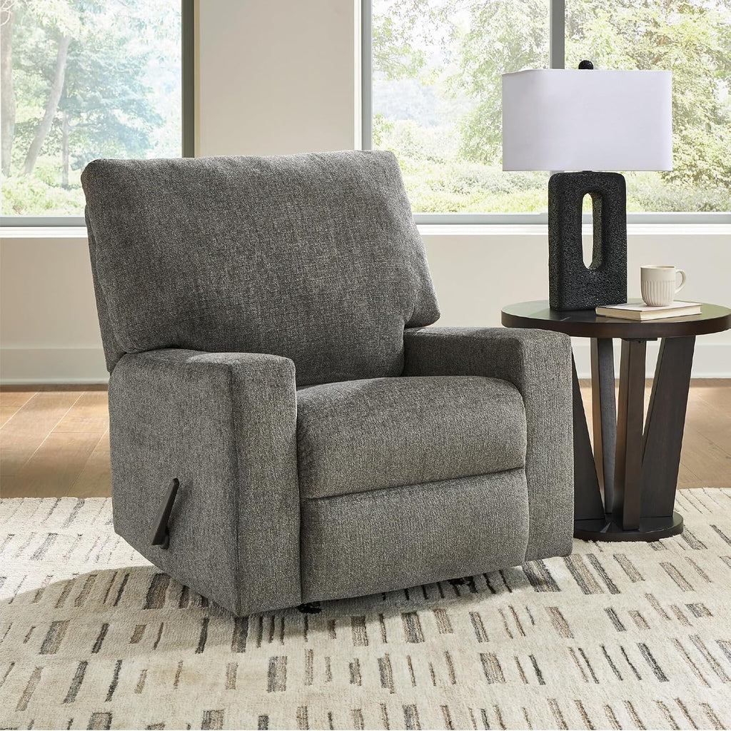 Signature Design by Ashley Revenna Manual Rocker Recliner, Greystone | 100% polyester menswear chenille fabric, Track arm style, Living room and lounge spaces