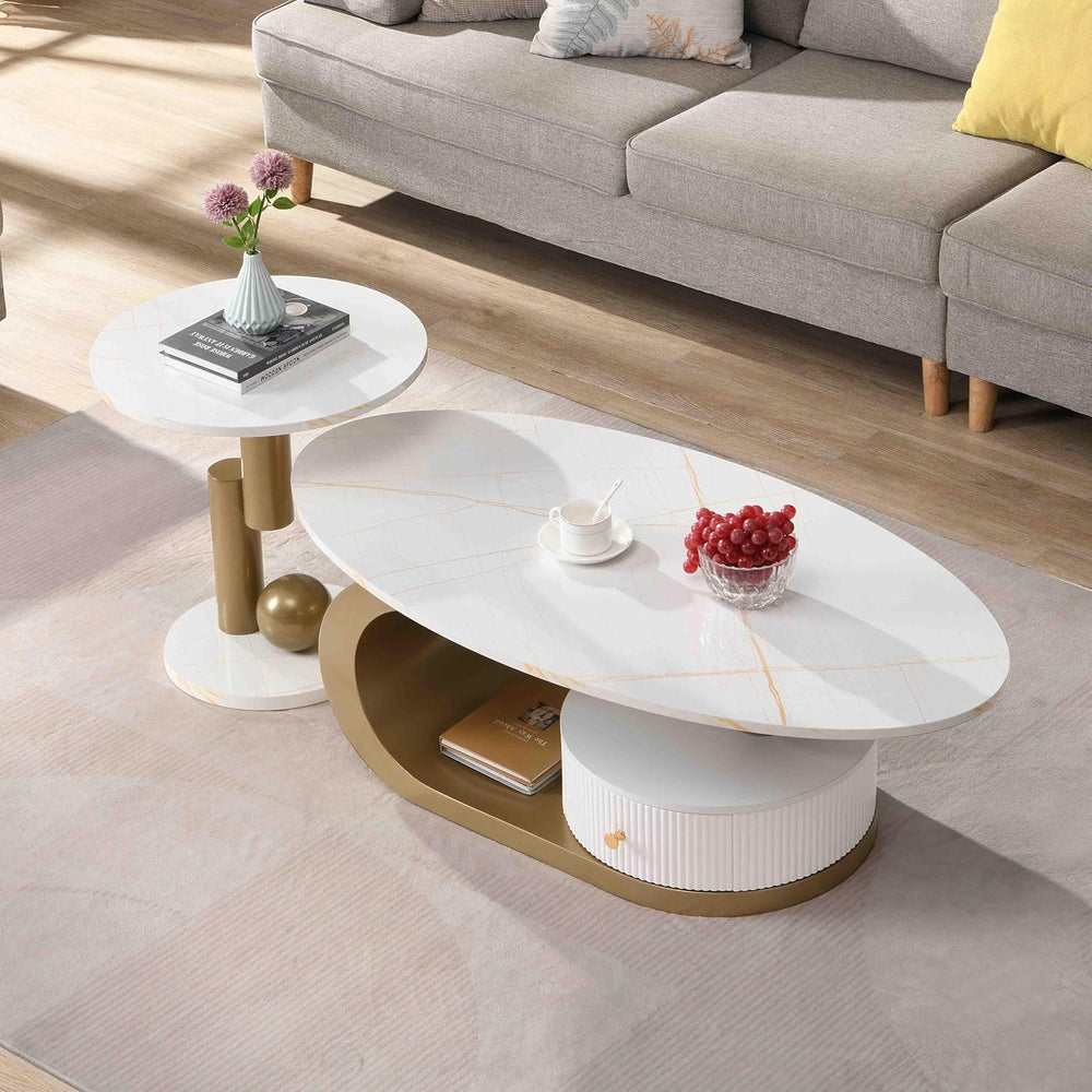 Modern Nesting Coffee Table Set of 2, Oval and Round Coffee Table Set for Liv...