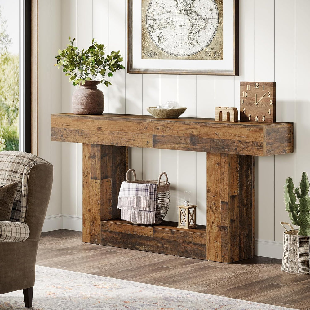 Tribesigns 63" Console Table, Farmhouse 2-Tier Entryway Table with U-Sha...
