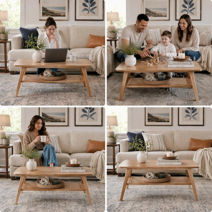100% Solid Oak Coffee Table with Storage Shelf, 47.24" W