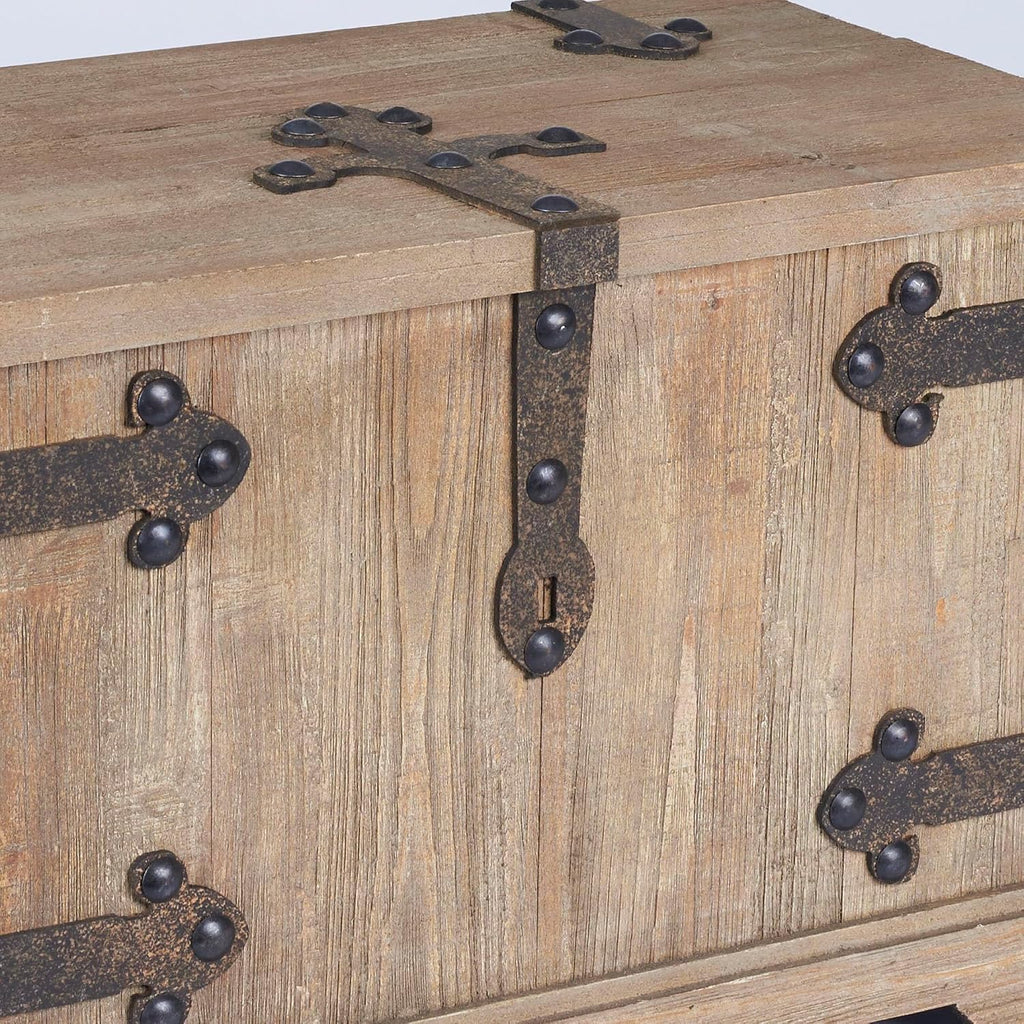 Household Essentials Decorative Trunk, Victorian, Small, Chinese Fir Wood, Aged-Wood Finish with Metal Accents, Fully Opening Lid, Stout Design, Ring Handles