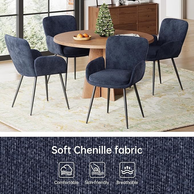 VKNOW Modern Dining Chairs Set of 2, Upholstered Dining Room Chair with Armrest, Kitchen Chairs with Curved Ergonomics Backrest for Living Room, Dining Room, Kitchen, Navy Blue