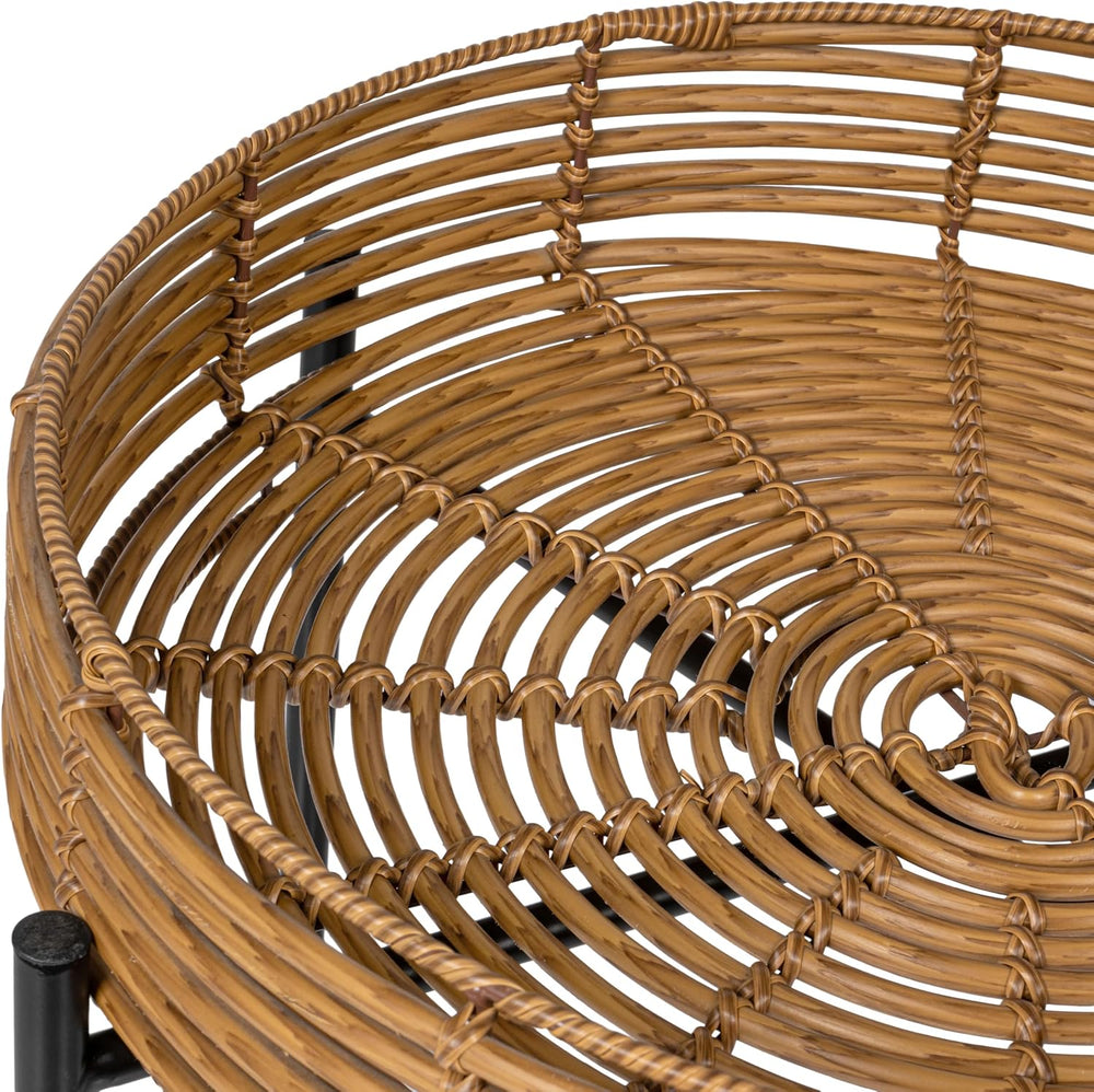 JONATHAN Y Malia 23" Round Faux Rattan Tray Top End Table, Bohemian Wove...