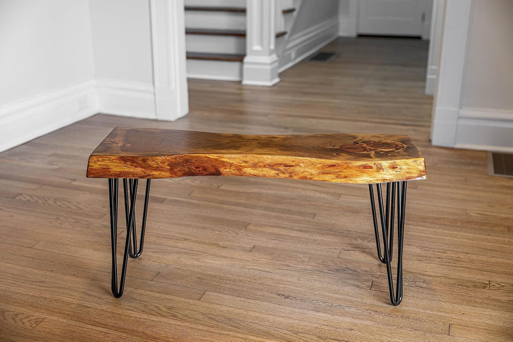 SRL Rustic Logwerks Hairpin Leg Wood Bench - Live Edge Small Bench for Home &...