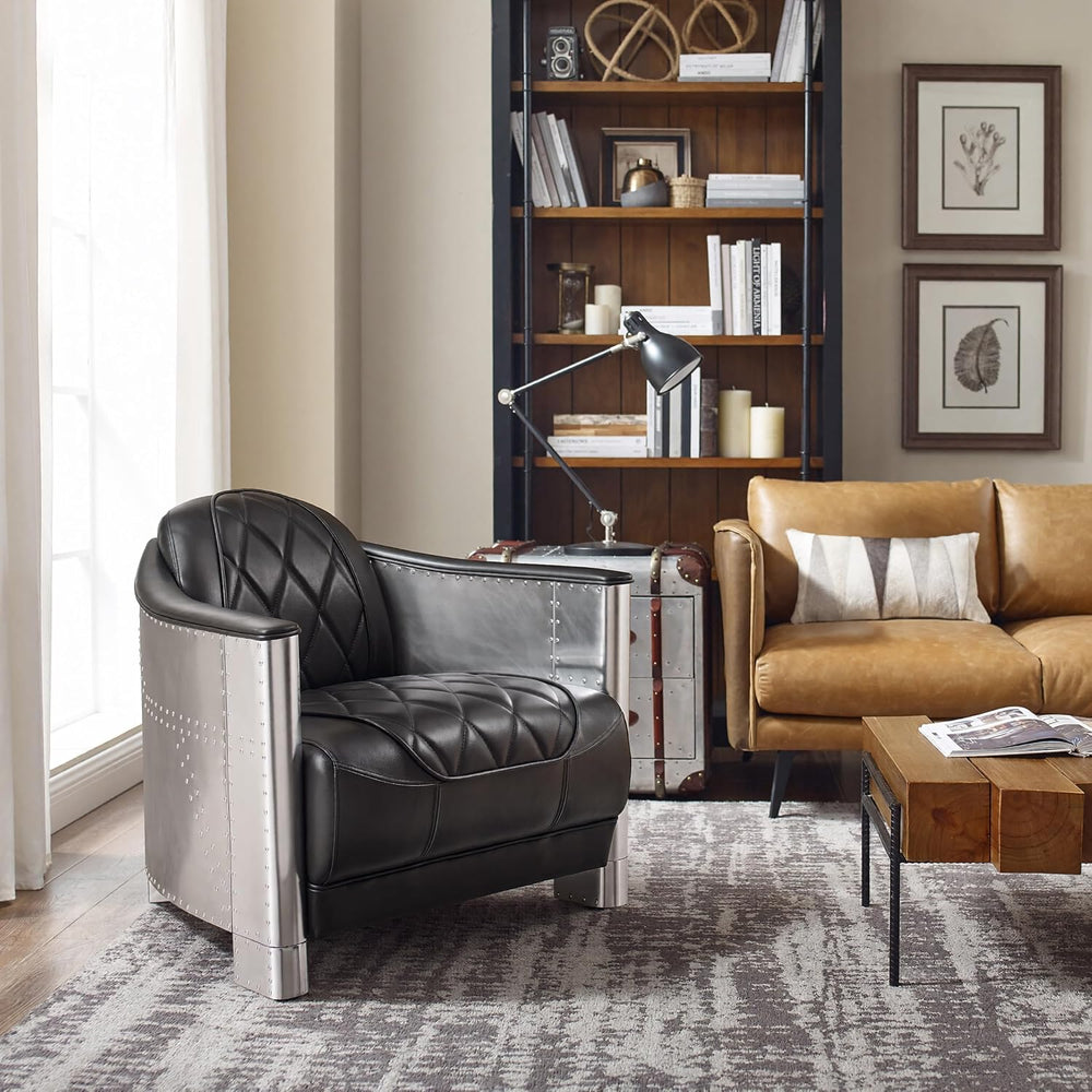 Volans Mid Century Modern Genuine Leather Accent Arm Chair with Vintage Alumi...