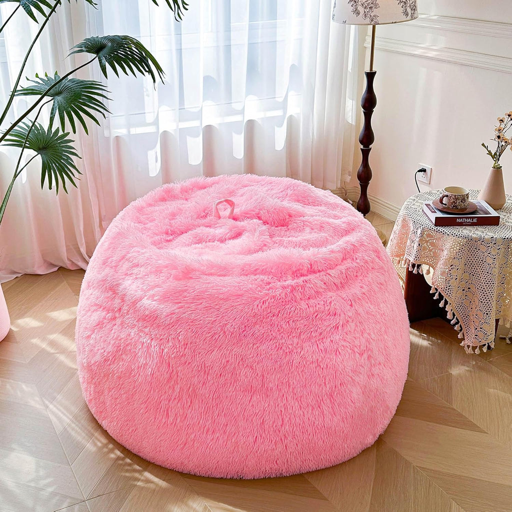 MEGO 5FT Fluffy Faux Fur Giant Bean Bag Chair Cover (No Filler), Soft Comfy Stuffed Animal Storage Cover for Adults Kids, Lazy Sofa Bed Beanbag Cover for Living Room Bedroom Decor, Anti-Slip, Pink