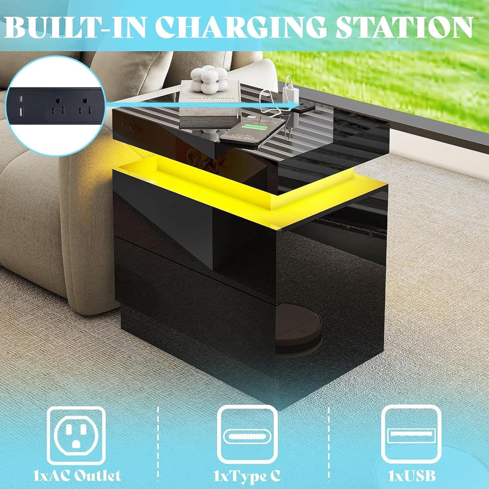 AMERLIFE High Gloss 3 Pieces Living Room Table Set, Modern LED Coffee Table S...