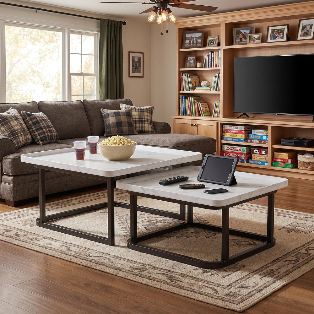Set of 2 Nesting Coffee Tables, Space‑Saving Side Table Set,White | Stackable...