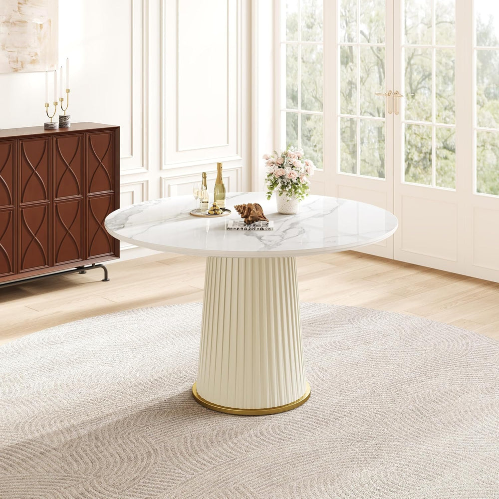 White Dining Table 43.30" Round Kitchen Table with Imitation Marble Grai...
