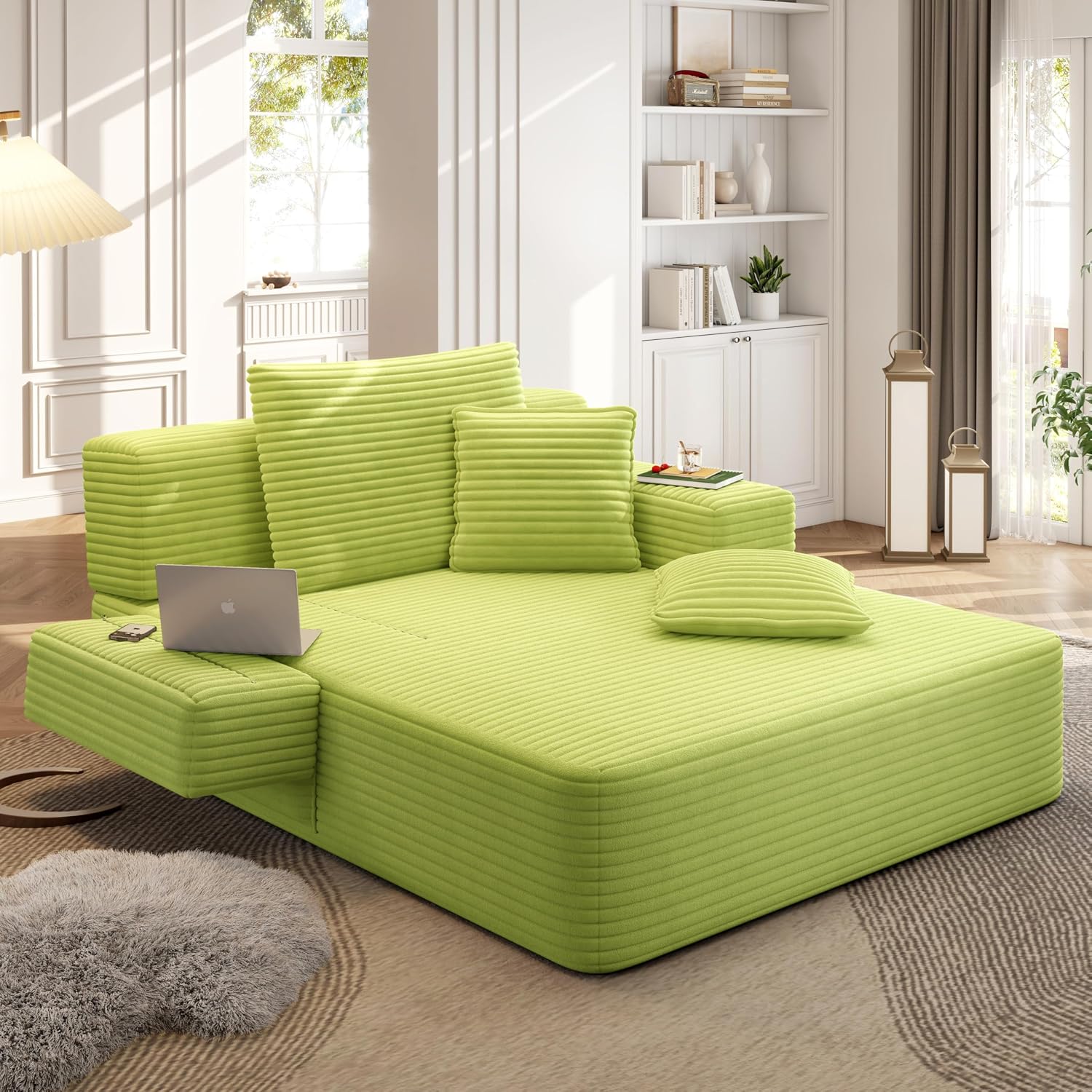 48.5" Boneless Chaise Lounge Chair Sofa Bed Indoor with Zip-Down Convertible Armrests & Backrest, Oversized Cloud Upholstered Compression Sleeper Couch Reading Chairs w/Side Pockets