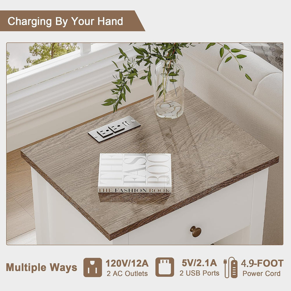 ChooChoo Farmhouse Nightstand with Charging Station | Wooden Top Bedside End ...