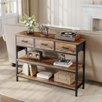 Lulive Entryway Table with Power Outlets, Console Table with 3 Fabric Drawers, Sofa Table for Living Room, Hallway, Couch, Foyer, Height Adjustable (Rustic Brown, 43")