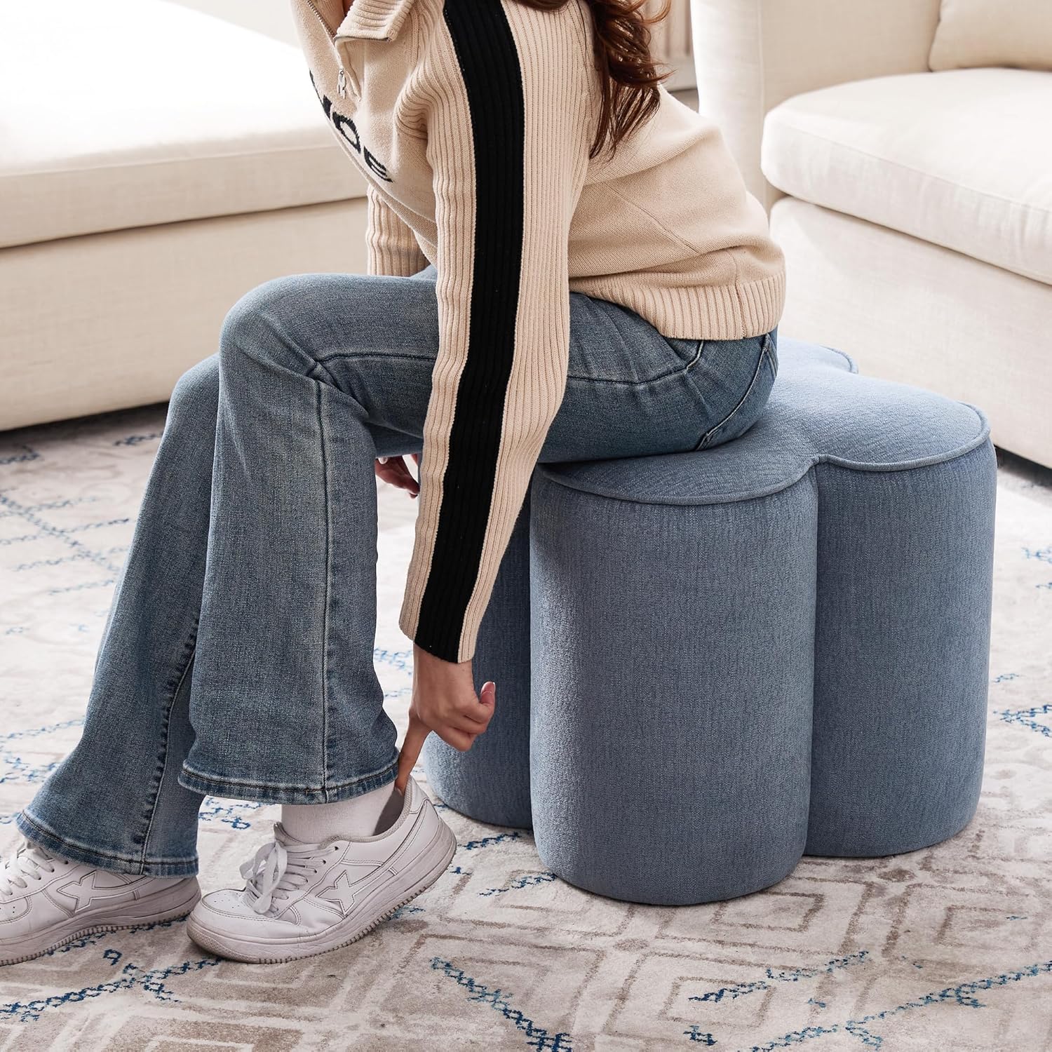 Zesthouse Flower Pouf Ottoman Foot Rest, Linen Fabric Poofy Ottoman Footstool for Couch Sofa, Modern Living Room Stool Seat for Under Entry Table, Cute Square Vanity Stool for Bedroom Dorm, Blue