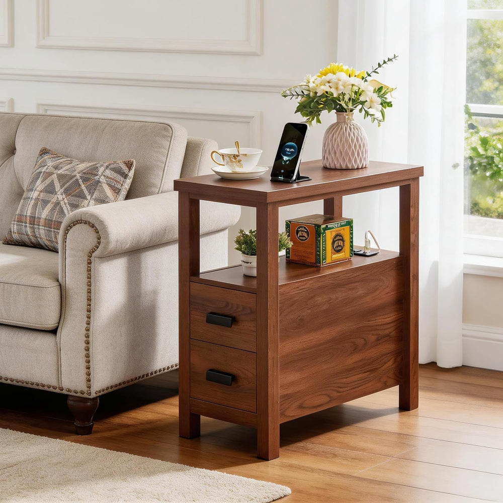 Farmhouse Side Table with Charging Station and 2 Drawers, Antique Nightstand ...