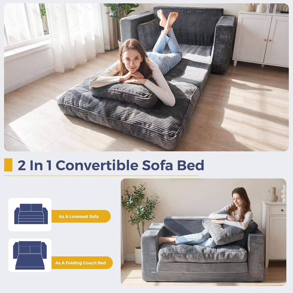MAXYOYO Convertible Sofa Bed, Loveseat Sofa Couch for Adults, 2 in 1 Folding Couch Bed, Fold Out Floor Couch for Living Room Bedroom Lounge, Dark Grey