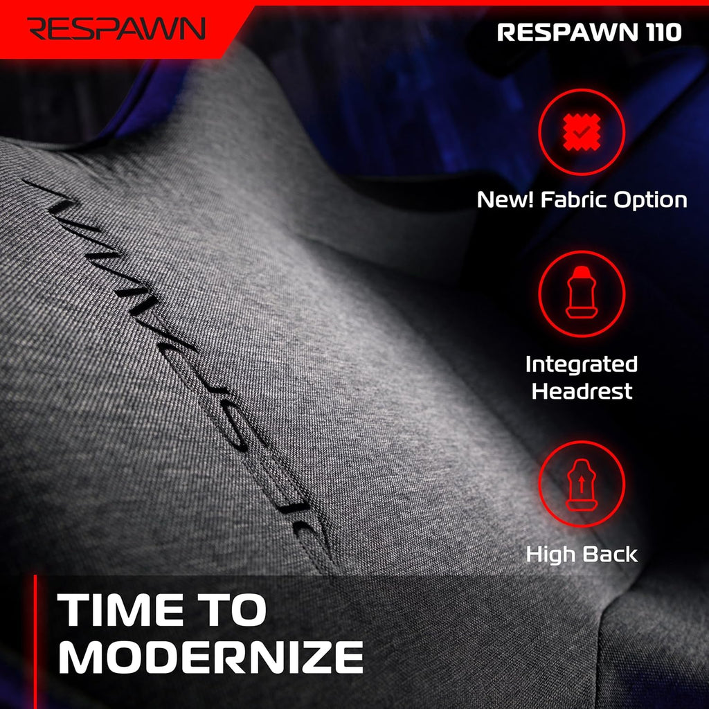Respawn 110 Ergonomic Gaming Chair - Reclining Office Video Game Swivel Chair with Lumbar Support, Headrest, Heavy Duty, High Back, Racing Style Gaming Recliner Seat for Computer Gamer - Gray Fabric