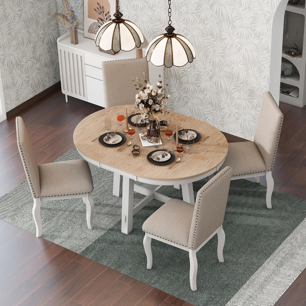 Knocbel Farmhouse 4-Person Extendable Dining Table Set, 5-Piece Dinette Set w...