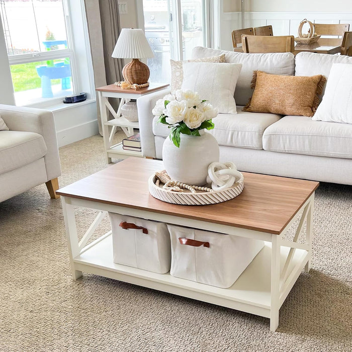 PHI VILLA White Farmhouse Coffee Tables with Storage for Living Room