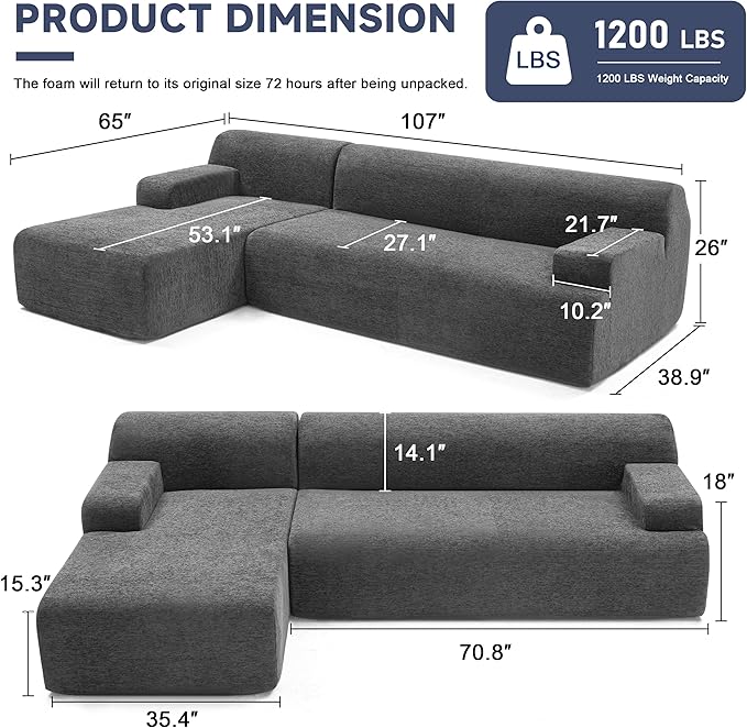 107" Modular Sectional Cloud Couch, Boneless couches Sponge sectionals for Living Room, High Density Sponges Sofa, Modular L-Shape with Chaise, Darkgrey